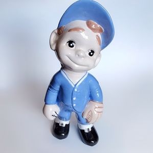 Cermaic Baseball Boy Statue, Vintage 1984, Blue Uniform, Vtg Nursery Shelf Decor